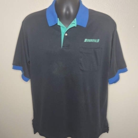 Vintage 90s Hilton Uniroyal Men's XL Shirt Polo S/S Made In USA Black Blue Teal - Picture 1 of 7